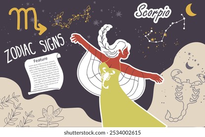 Colagem, fundo, signo zodíaco Escorpião. Personagem feminina elegante moderno, avatar do horóscopo astrológico. Astróloga menina, estilo moderno. Ilustração vetorial gráfica desenhada à mão plana.