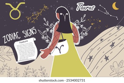 Collage, fondo, signo del zodiaco Tauro. Personaje femenino con estilo moderno, avatar del horóscopo astrológico. Chica astróloga, estilo de moda. Ilustración vectorial gráfica dibujada a mano plana.