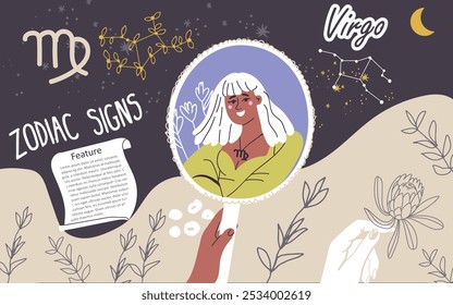 Colagem, fundo, signo zodíaco Virgo. Personagem feminina elegante moderno, avatar do horóscopo astrológico. Astróloga menina, estilo moderno. Ilustração vetorial gráfica desenhada à mão plana.