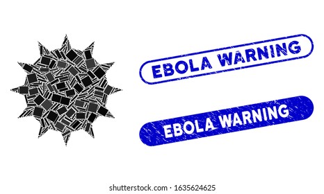 Collage bacterium and rubber stamp seals with Ebola Warning text. Mosaic vector bacterium is designed with random rectangle items. Ebola Warning stamp seals use blue color,