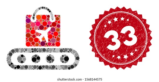 Collage baggage conveyor and grunge stamp seal with 33 text. Mosaic vector is created with baggage conveyor icon and with randomized circle spots. 33 stamp seal uses red color, and rubber surface.