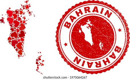 Collage Bahrain map composed with red love hearts, and rubber badge. Vector lovely round red rubber stamp imitation with Bahrain map inside.
