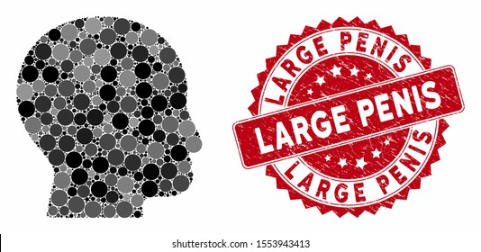 Collage bald head and distressed stamp seal with Large Penis caption. Mosaic vector is formed with bald head icon and with randomized spheric spots. Large Penis stamp seal uses red color,