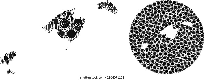 Collage Balearic Islands map composed of sars virus items and population and skull icons. Evil virus Balearic Islands map collage created with sphere and subtracted space.