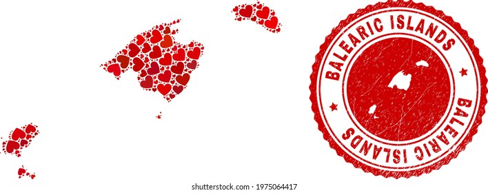 Collage Balearic Islands map designed with red love hearts, and rubber seal stamp. Vector lovely round red rubber seal imitation with Balearic Islands map inside.