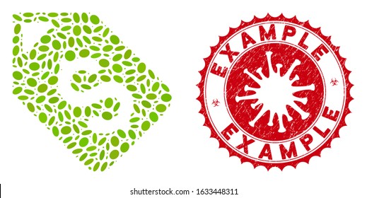 Collage bank account tag icon and red round rubber stamp seal with Example phrase and coronavirus symbol. Mosaic vector is created with bank account tag pictogram and with random elliptic spots.