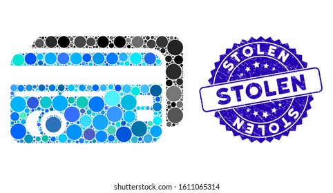 Collage Bank Cards Icon And Corroded Stamp Seal With Stolen Text. Mosaic Vector Is Formed With Bank Cards Icon And With Randomized Round Spots. Stolen Stamp Seal Uses Blue Color,