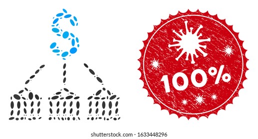Collage bank expenses icon and red round corroded stamp seal with 100% text and coronavirus symbol. Mosaic vector is created with bank expenses icon and with random elliptic items.