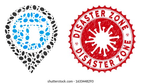 Collage bank machine pointer icon and red rounded rubber stamp seal with Disaster Zone caption and coronavirus symbol.