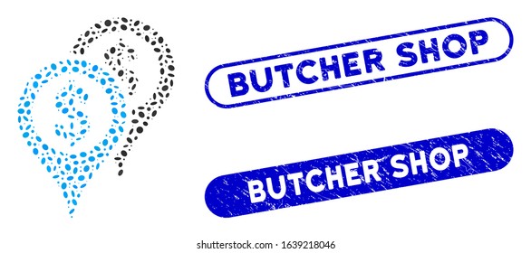 Collage bank map markers and corroded stamp seals with Butcher Shop text. Mosaic vector bank map markers is composed with random ellipse elements. Butcher Shop stamp seals use blue color,