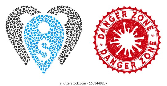Collage bank marks icon and red rounded grunge stamp seal with Danger Zone text and coronavirus symbol. Mosaic vector is created with bank marks icon and with scattered elliptic items.