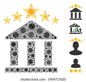 Collage bank rating composed of SARS virus icons in random sizes and color hues. Vector viral icons are organized into abstract illustration bank rating icon. Some bonus icons are added.