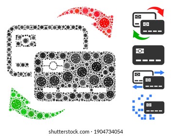 Collage banking card exchange composed of coronavirus elements in various sizes and color hues. Vector viral elements are composed into abstract collage banking card exchange icon.