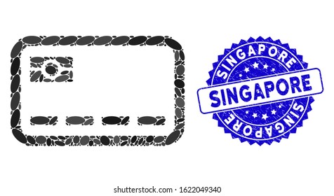 Collage banking card icon and rubber stamp watermark with Singapore text. Mosaic vector is composed with banking card pictogram and with scattered ellipse items. Singapore stamp seal uses blue color,