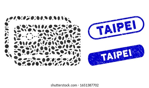 Tarjetas bancarias en grupo y sellos de sellos de goma con la frase Taipei. Las tarjetas bancarias vectoriales mosaicas se componen de elementos de elipse dispersos. Los sellos de sello de Taipei utilizan color azul,