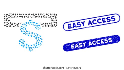 Collage banking machine and grunge stamp seals with Easy Access text. Mosaic vector banking machine is formed with scattered ellipse spots. Easy Access stamp seals use blue color,