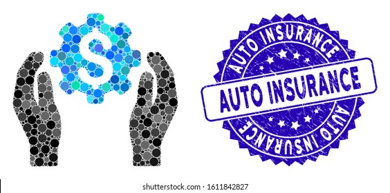 Collage banking maintenance hands icon and rubber stamp seal with Auto Insurance text. Mosaic vector is composed with banking maintenance hands icon and with randomized spheric elements.
