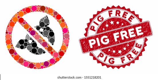 Collage banned pig and distressed stamp seal with Pig Free caption. Mosaic vector is composed with banned pig icon and with random round spots. Pig Free stamp seal uses red color, and rubber design.