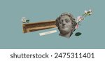 Collage banner with antique marble statue head and frame and flowers. Blue chinese paper texture vector background. Vintage cover for beauty blog. Female grunge rococo trendy style