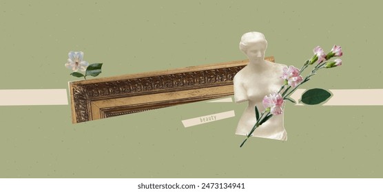 Collage banner with antique marble statue and frame and flowers. Green chinese paper texture background. Vintage cover for beauty blog. Female grunge rococo trendy style