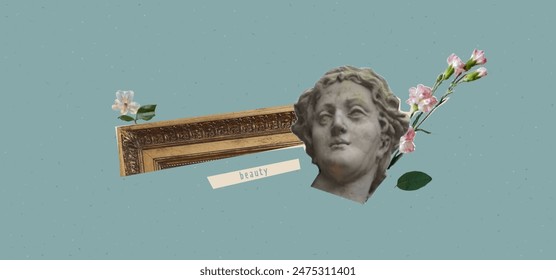 Collage banner with antique marble statue head and frame and flowers. Blue chinese paper texture vector background. Vintage cover for beauty blog. Female grunge rococo trendy style