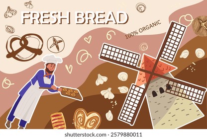 Collage, banner, background, fresh bakery, man chef character. hand drawn vector illustration. 