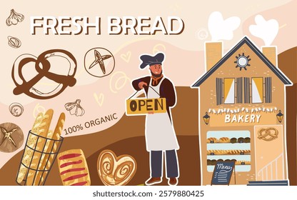 Collage, banner, background, fresh bakery, hand drawn vector illustration. Man character tossing pizza dough.