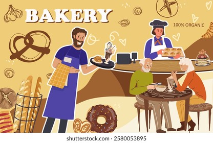 Collage, banner, background, fresh bakery, hand drawn vector illustration. 
