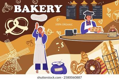 Collage, banner, background, fresh bakery, hand drawn vector illustration. A cash register with a female clerk in a bakery. Man character tossing pizza dough.