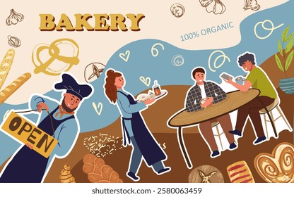 Collage, banner, background, fresh bakery, hand drawn vector illustration. Open bakery shop. Saleswoman changes sign at building. People in cozy cafe, coffee shop interior, customers and waitress.