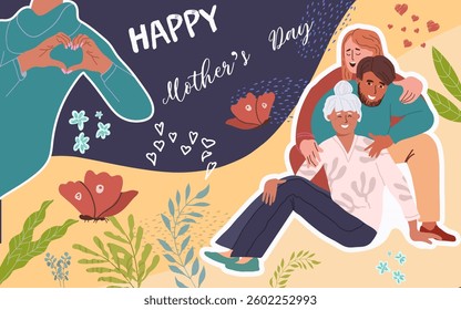 Collage, banner, background, horizontal, mothers day, family, hand drawn vector illustration.