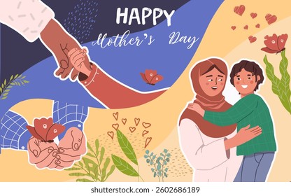 Collage, banner, background, horizontal, mothers day, family, hand drawn vector illustration.