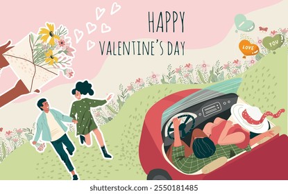Colagem, banner, fundo, Dia dos Namorados, amor, história de amor, relacionamento, pessoas, flores, natureza, primavera, mão desenhada vetor.