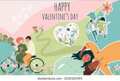Collage, banner, background, Valentine's Day, love, love story, relationship, people, flowers, nature, spring, hand drawn vector.