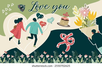 Colagem, banner, fundo, Dia dos Namorados, amor, história de amor, amor é, relacionamento, pessoas, flores, natureza, primavera, mão desenhada vetor.