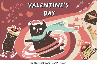 Collage, banner, background, valentine's day, love, love story, kitties, cats in love, animals, hand drawn vector.