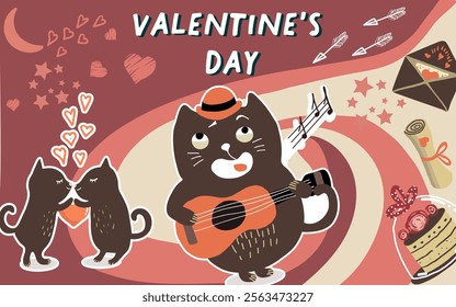 Collage, banner, background, valentine's day, love, love story, kitties, cats in love, animals, hand drawn vector.
