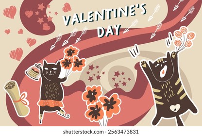 Collage, banner, background, valentine's day, love, love story, kitties, cats in love, animals, hand drawn vector.