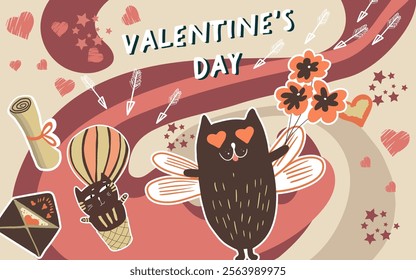 Collage, banner, background, valentine's day, love, love story, kitties, cats in love, animals, hand drawn vector.