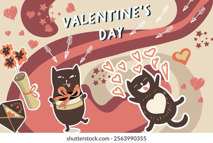 Collage, banner, background, valentine's day, love, love story, kitties, cats in love, animals, hand drawn vector.