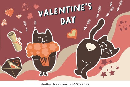 Collage, banner, background, valentine's day, love, love story, kitties, cats in love, animals, hand drawn vector.