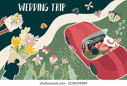 Collage, banner, background, wedding trip, Valentine's Day, love, love story, relationship, people, flowers, nature, spring, hand drawn vector.