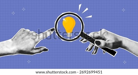 Collage banner, concept of find new idea. Two halftone hands one is pointing at light bulb, other is holding magnifying glass. Business idea or startup. Collage design with halftone elements. Vector.