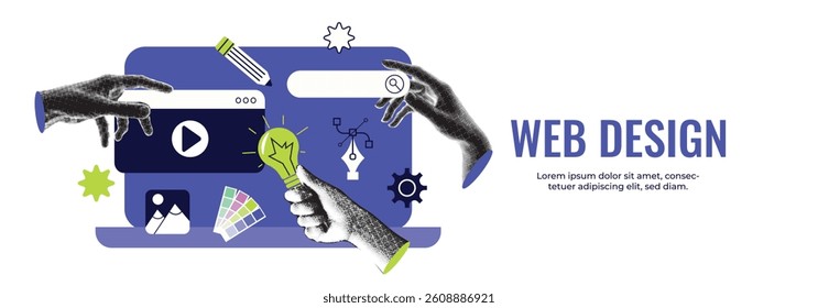 Collage banner concept for website or app design, featuring halftone hands working on ui ux or mobile applications. Modern vector illustration for web studios, app development, ads, and landing pages.
