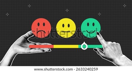 Collage banner of feedback emoji with halftone hands. Customer satisfaction rating scale using emoticons, where cut out collage halftone hand points to the desired rating. Vector illustration.