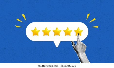 Collage banner of feedback or user rates concept with halftone hand and speech bubble with five stars. Collage female hand showing a five star customer review. Vector illustration.