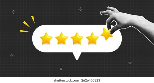 Collage banner of feedback or user rates concept with halftone hand and speech bubble with 3d five stars. Collage female hand showing a five star customer review. Vector illustration.