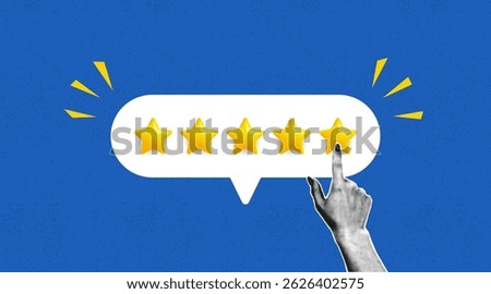 Collage banner of feedback or user rates concept with halftone hand and speech bubble with five stars. Collage female hand showing a five star customer review. Vector illustration.