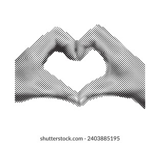 Collage banner with halftone effect hands showing heart gesture. Feelings and emotions.Modern design in magazine style. Vector illustration