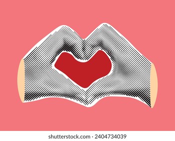 Collage banner with halftone effect hands showing heart gesture. Feelings and emotions.Modern design in magazine style. Vector illustration
